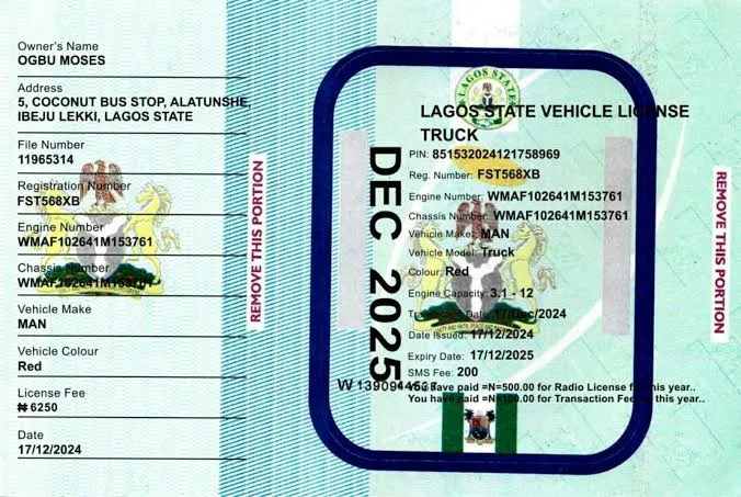 A picture of a vehicle license, one of the car papers renewed yearly in Nigeria